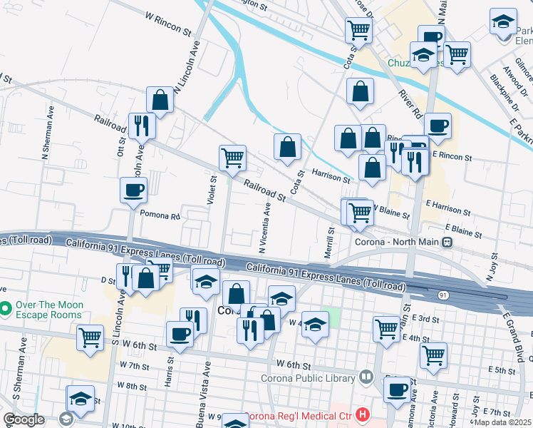 map of restaurants, bars, coffee shops, grocery stores, and more near 156 North Vicentia Avenue in Corona