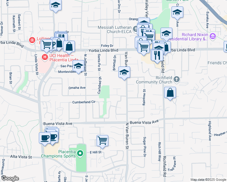 map of restaurants, bars, coffee shops, grocery stores, and more near 1511 Yellowstone Avenue in Placentia