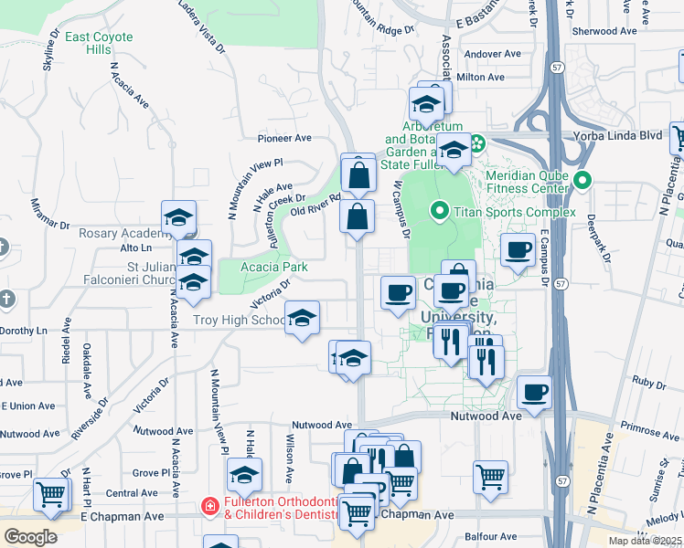 map of restaurants, bars, coffee shops, grocery stores, and more near 2307 Virginia Road in Fullerton