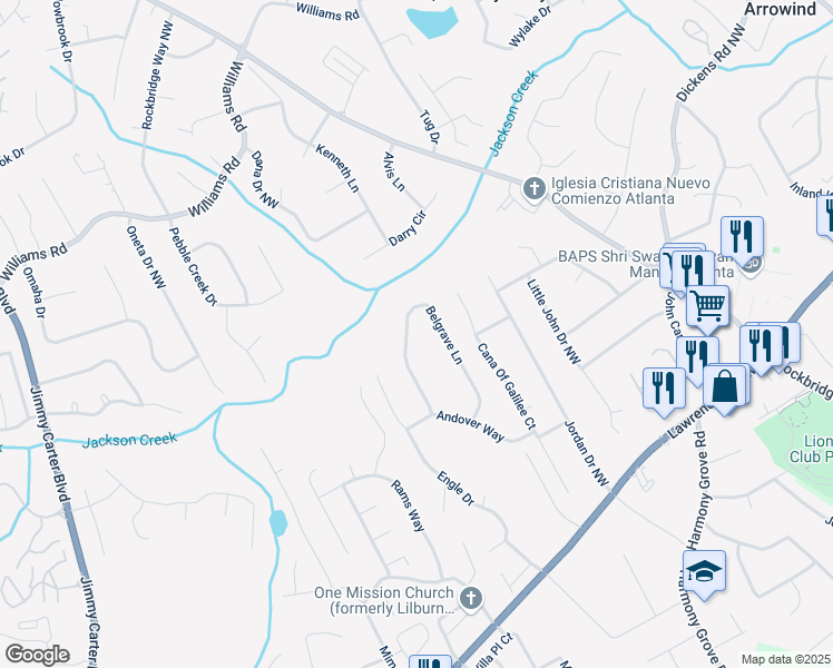 map of restaurants, bars, coffee shops, grocery stores, and more near 640 Belgrave Lane in Tucker