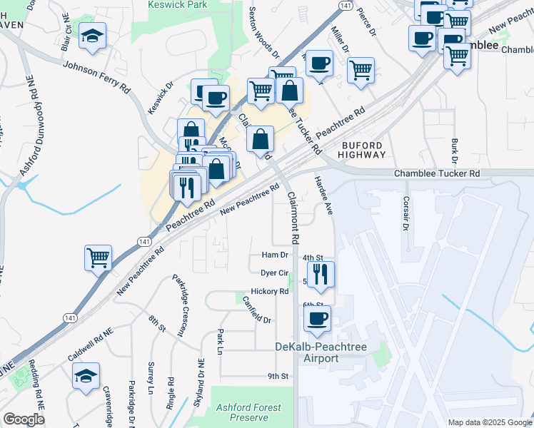 map of restaurants, bars, coffee shops, grocery stores, and more near 3211 Clairwood Terrace in Chamblee
