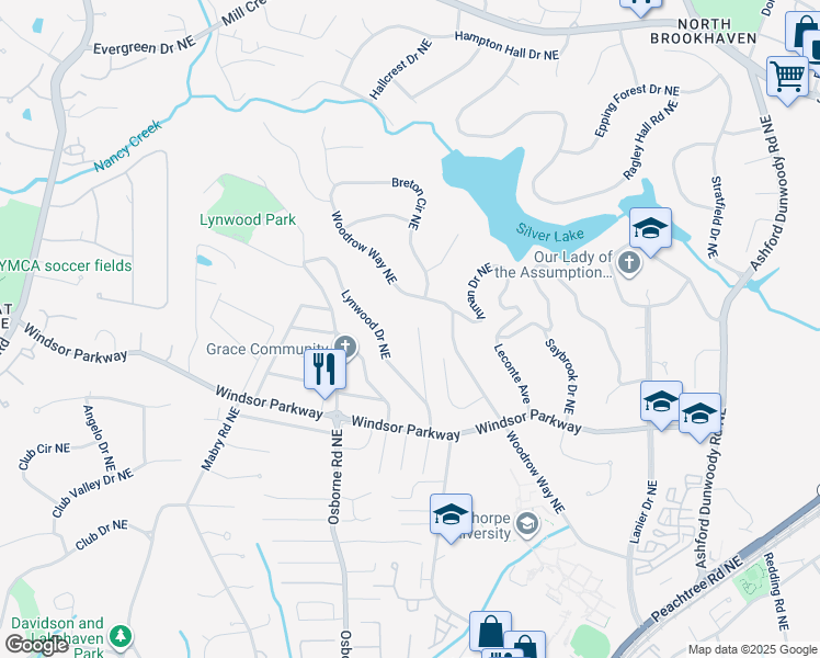 map of restaurants, bars, coffee shops, grocery stores, and more near 3220 Silver Lake Drive Northeast in Atlanta