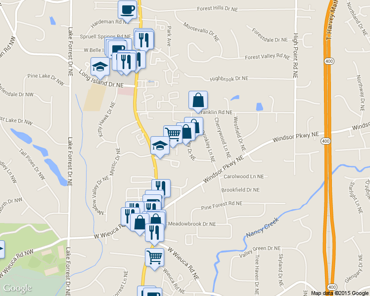 map of restaurants, bars, coffee shops, grocery stores, and more near 4730 Huntley Drive Northeast in Atlanta
