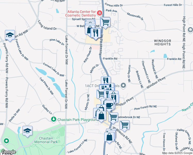 map of restaurants, bars, coffee shops, grocery stores, and more near 4705 Mystic Drive Northeast in Atlanta