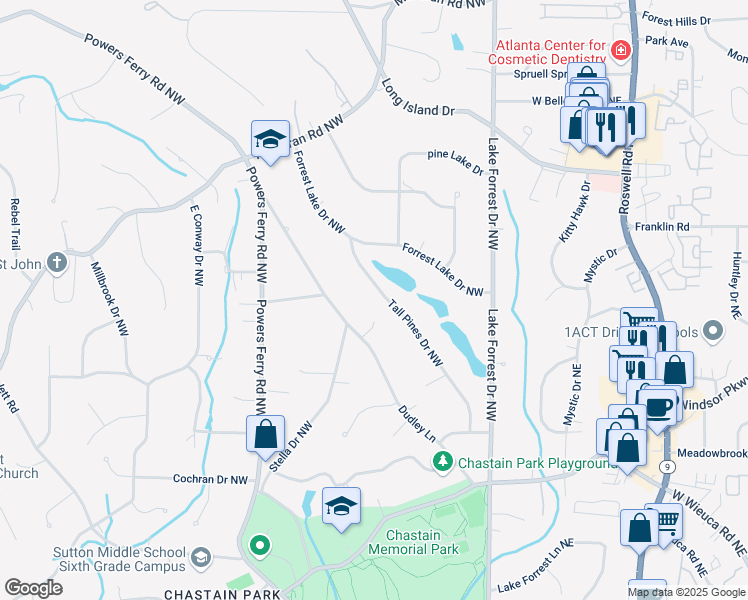 map of restaurants, bars, coffee shops, grocery stores, and more near 4708 Tall Pines Drive Northwest in Atlanta