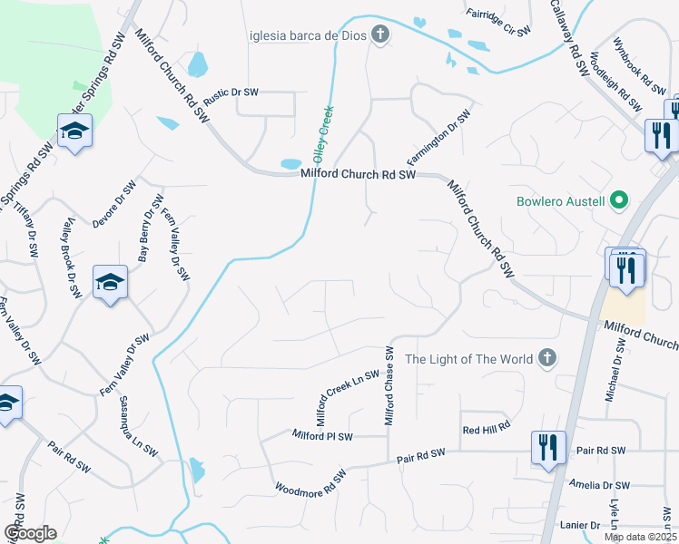 map of restaurants, bars, coffee shops, grocery stores, and more near 1769 Milford Creek Court Southwest in Marietta