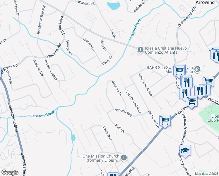 map of restaurants, bars, coffee shops, grocery stores, and more near 640 Belgrave Lane in Tucker