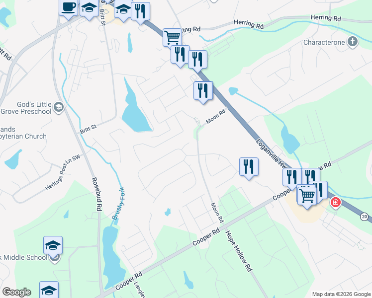 map of restaurants, bars, coffee shops, grocery stores, and more near 522 Starling View Circle in Grayson