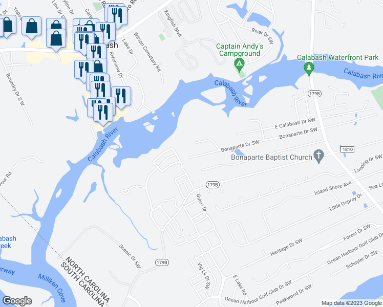 map of restaurants, bars, coffee shops, grocery stores, and more near 9274 Bonaparte Drive Southwest in Calabash
