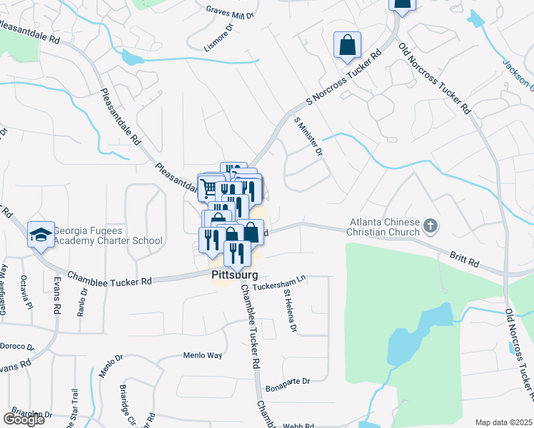 map of restaurants, bars, coffee shops, grocery stores, and more near 3216 Scyler Place in Tucker