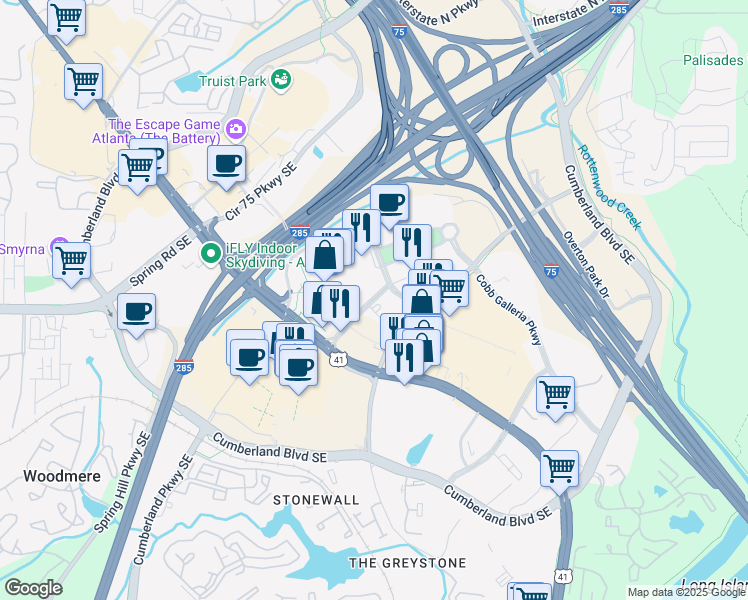 map of restaurants, bars, coffee shops, grocery stores, and more near 800 Galleria Parkway Southeast in Atlanta