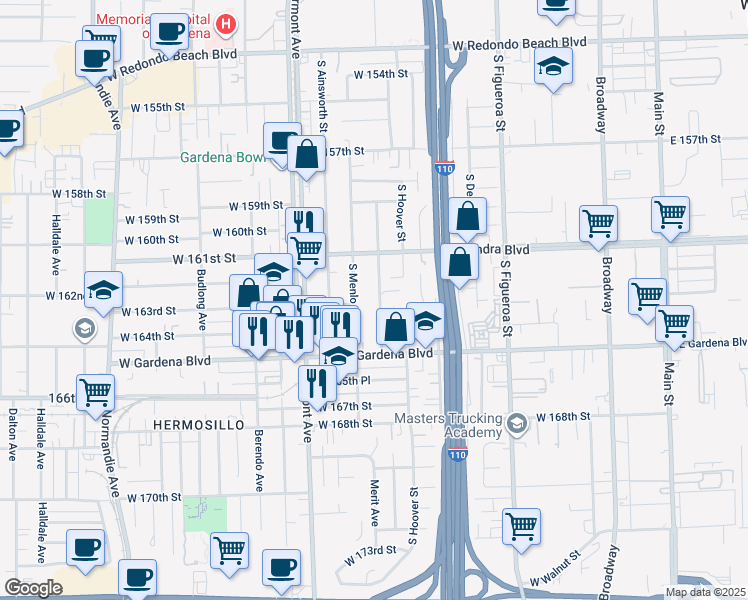 map of restaurants, bars, coffee shops, grocery stores, and more near 16229 South Orchard Avenue in Gardena