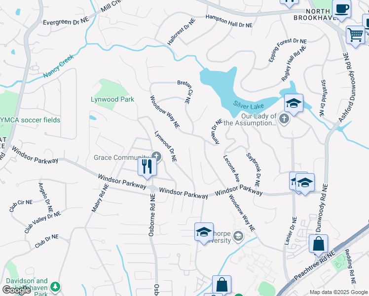 map of restaurants, bars, coffee shops, grocery stores, and more near 3220 Silver Lake Drive Northeast in Atlanta