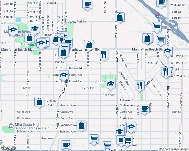 map of restaurants, bars, coffee shops, grocery stores, and more near 2110 Farrell Avenue in Redondo Beach