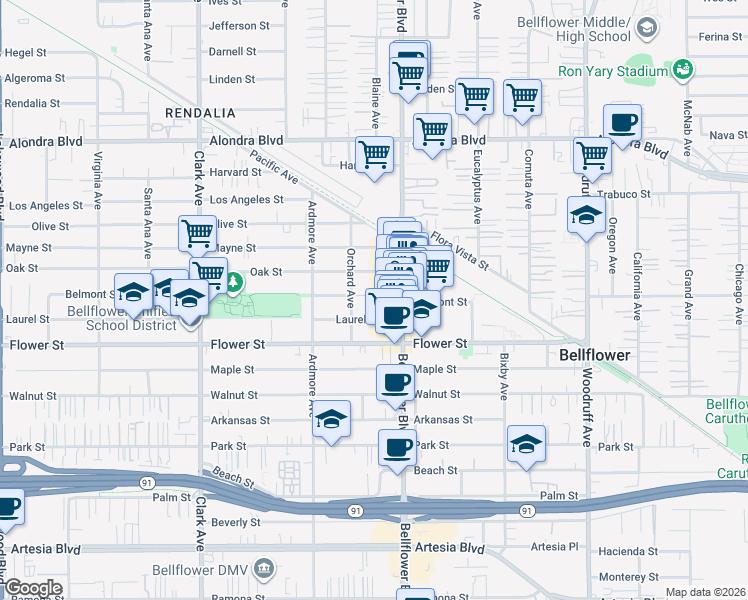 map of restaurants, bars, coffee shops, grocery stores, and more near 9728 Belmont Street in Bellflower
