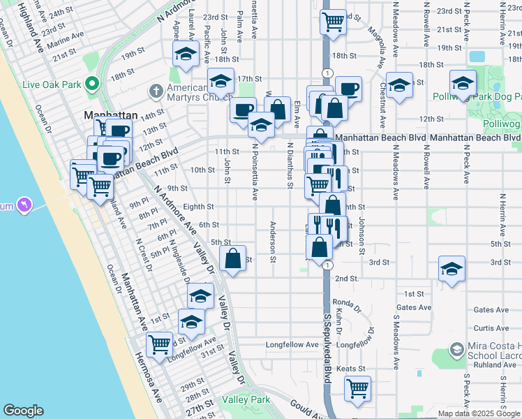 map of restaurants, bars, coffee shops, grocery stores, and more near 713 Anderson Street in Manhattan Beach