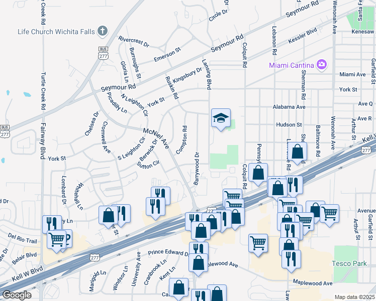 map of restaurants, bars, coffee shops, grocery stores, and more near 2 Merryhill Circle in Wichita Falls