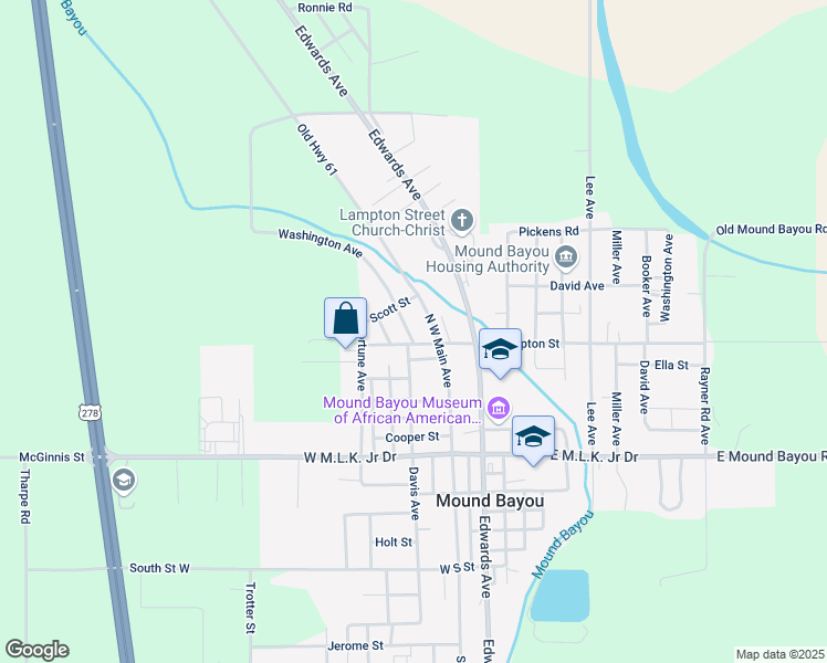 map of restaurants, bars, coffee shops, grocery stores, and more near 501-513 Washington Avenue in Mound Bayou