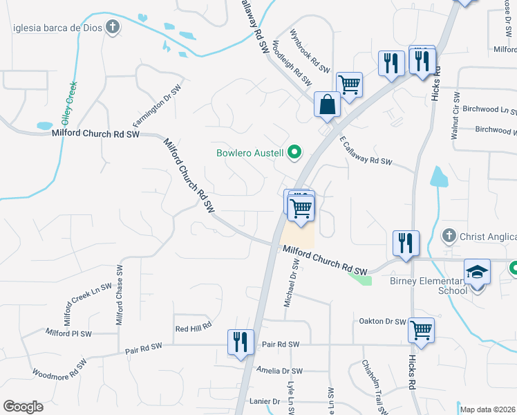map of restaurants, bars, coffee shops, grocery stores, and more near 1276 Willamette Way in Marietta