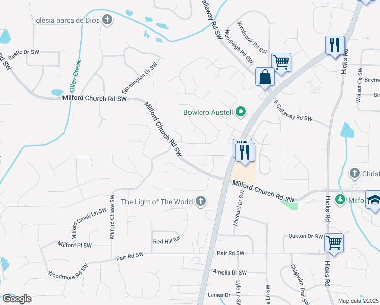 map of restaurants, bars, coffee shops, grocery stores, and more near 1368 Willamette Way in Marietta
