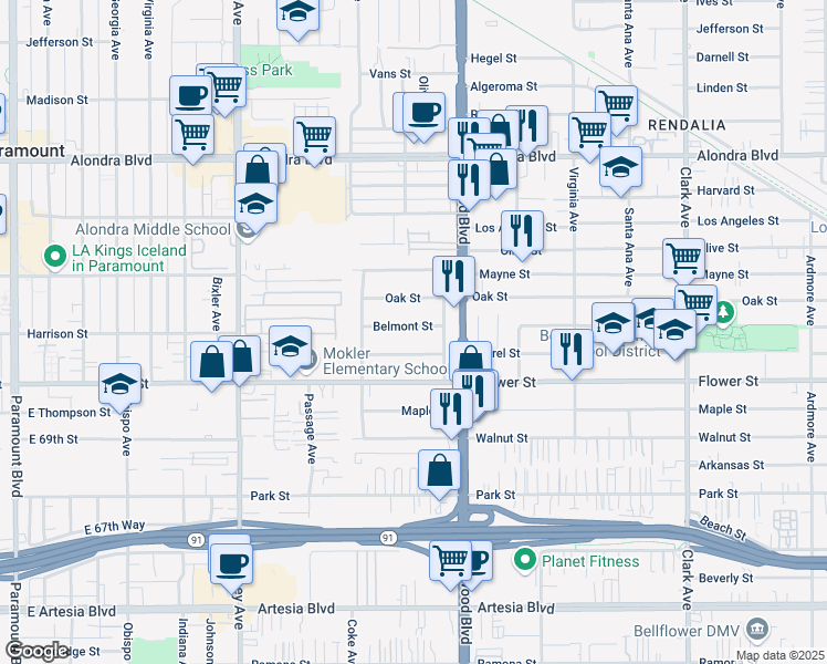 map of restaurants, bars, coffee shops, grocery stores, and more near 8808 Belmont Street in Bellflower