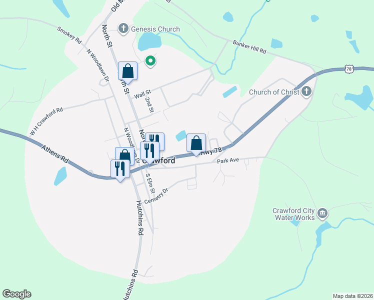 map of restaurants, bars, coffee shops, grocery stores, and more near 1114 Athens Road in Crawford