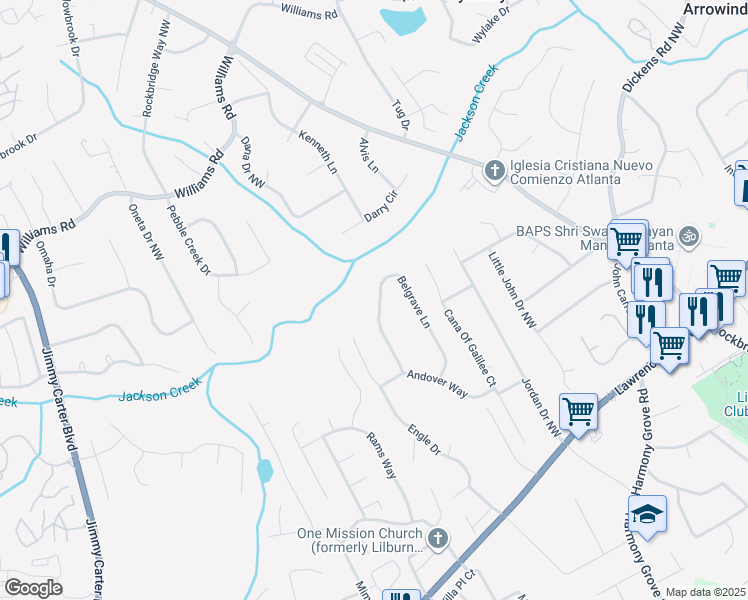 map of restaurants, bars, coffee shops, grocery stores, and more near 640 Belgrave Lane in Tucker