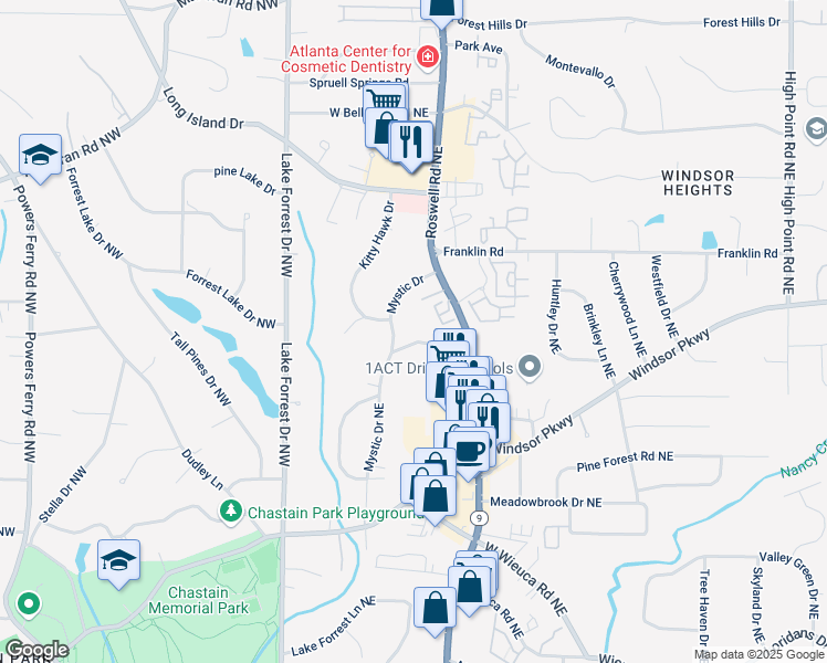 map of restaurants, bars, coffee shops, grocery stores, and more near 4705 Mystic Drive Northeast in Atlanta