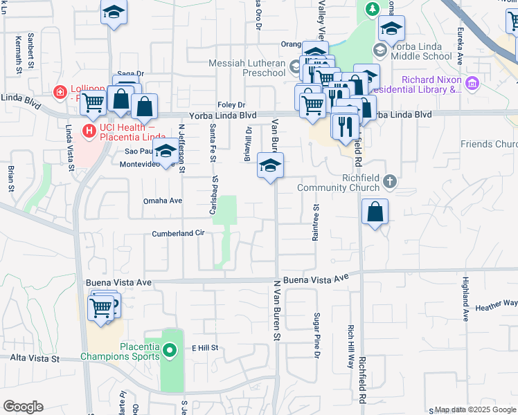 map of restaurants, bars, coffee shops, grocery stores, and more near 1536 Olympic Avenue in Placentia