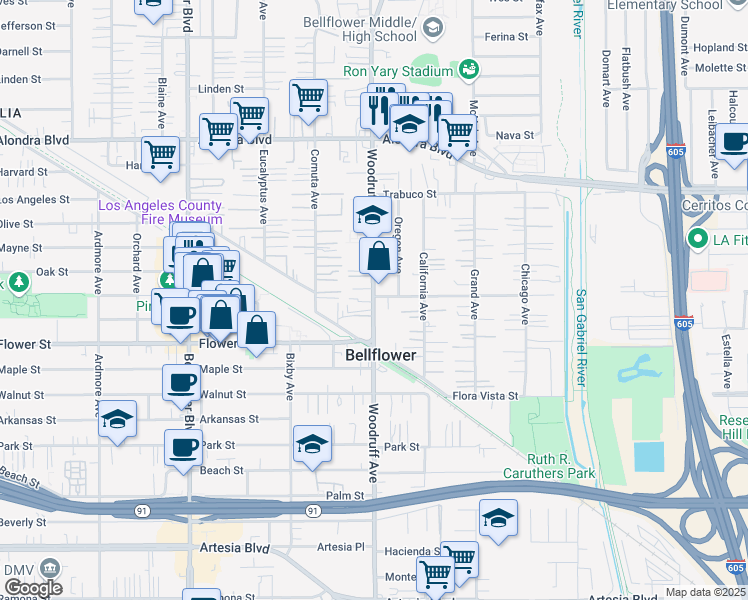 map of restaurants, bars, coffee shops, grocery stores, and more near 16459 Woodruff Avenue in Bellflower