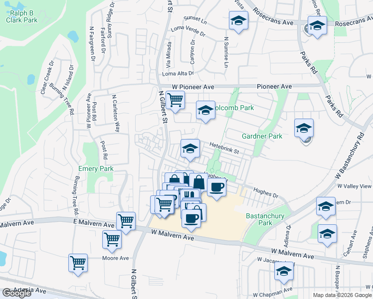map of restaurants, bars, coffee shops, grocery stores, and more near 1317 McFadden Drive in Fullerton