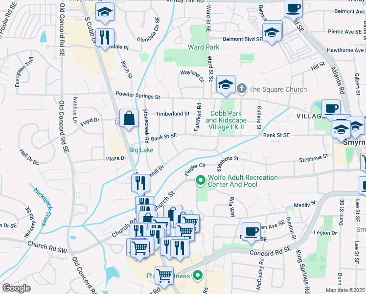 map of restaurants, bars, coffee shops, grocery stores, and more near 835 Pinehill Drive in Smyrna