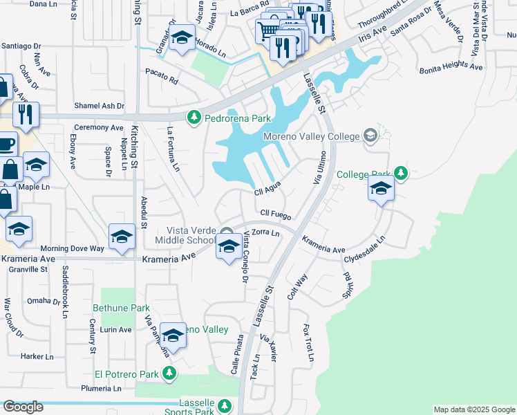 map of restaurants, bars, coffee shops, grocery stores, and more near 25880 Calle Fuego in Moreno Valley