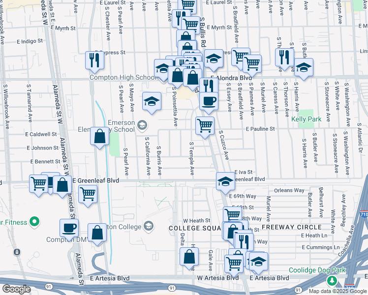 map of restaurants, bars, coffee shops, grocery stores, and more near 1404 South Poinsettia Avenue in Compton