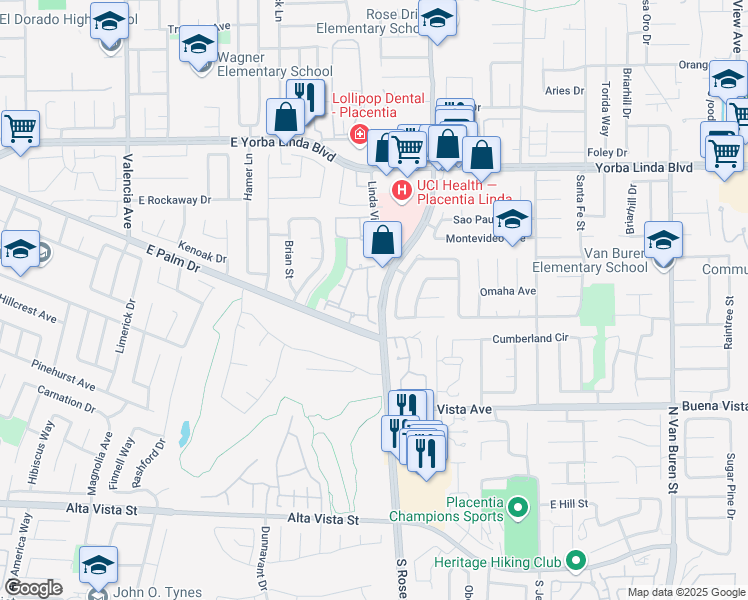 map of restaurants, bars, coffee shops, grocery stores, and more near 1134 Woodside Drive in Placentia