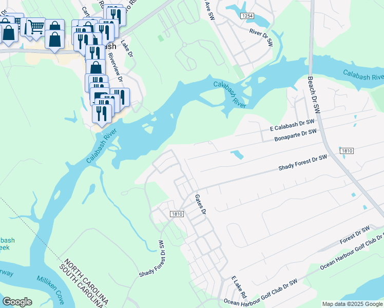 map of restaurants, bars, coffee shops, grocery stores, and more near 9274 Bonaparte Drive Southwest in Calabash