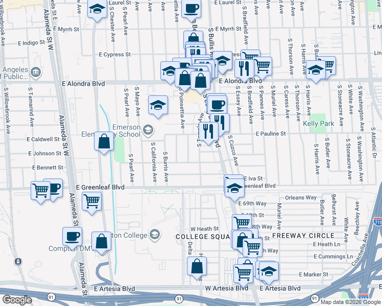 map of restaurants, bars, coffee shops, grocery stores, and more near 1404 South Poinsettia Avenue in Compton