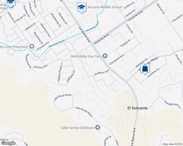 map of restaurants, bars, coffee shops, grocery stores, and more near 2442 Old Windmill Court in Riverside