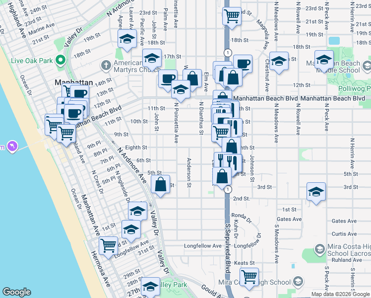 map of restaurants, bars, coffee shops, grocery stores, and more near 719 Anderson Street in Manhattan Beach