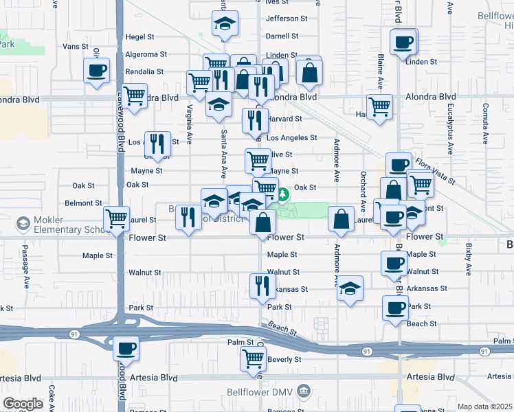 map of restaurants, bars, coffee shops, grocery stores, and more near 53 Clark Avenue in Bellflower