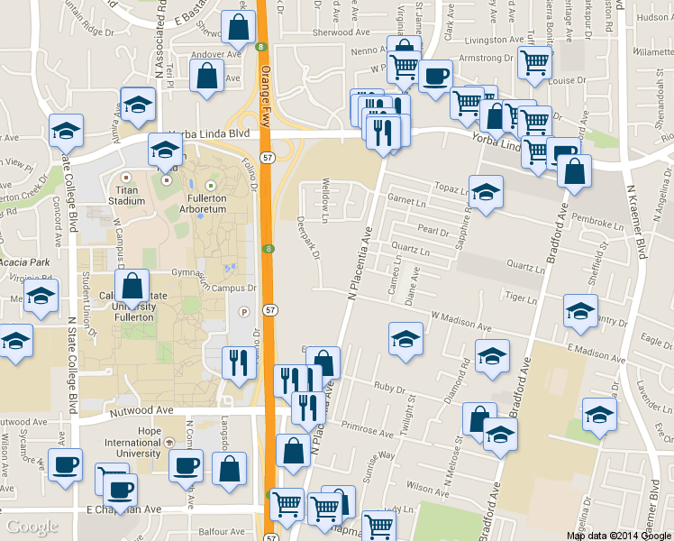 map of restaurants, bars, coffee shops, grocery stores, and more near 1208 Deerpark Drive in Fullerton