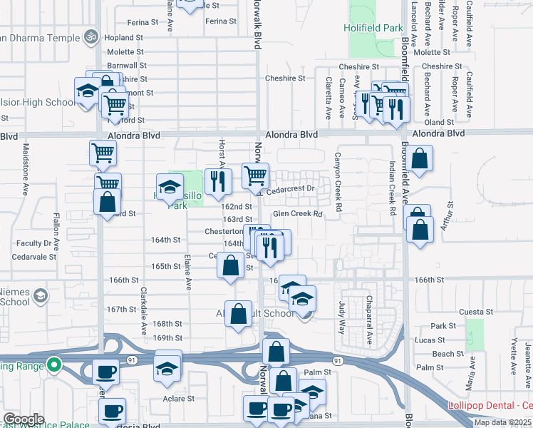 map of restaurants, bars, coffee shops, grocery stores, and more near 16213 Spring Park Lane in Cerritos