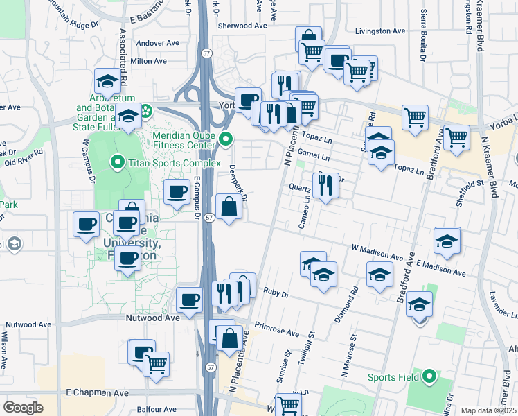 map of restaurants, bars, coffee shops, grocery stores, and more near 1225 Deerpark Drive in Fullerton