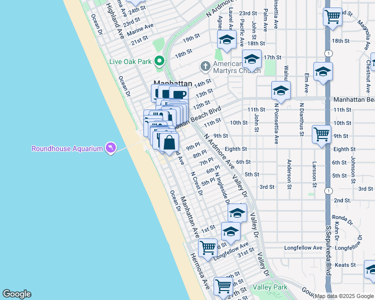 map of restaurants, bars, coffee shops, grocery stores, and more near 328 9th Place in Manhattan Beach
