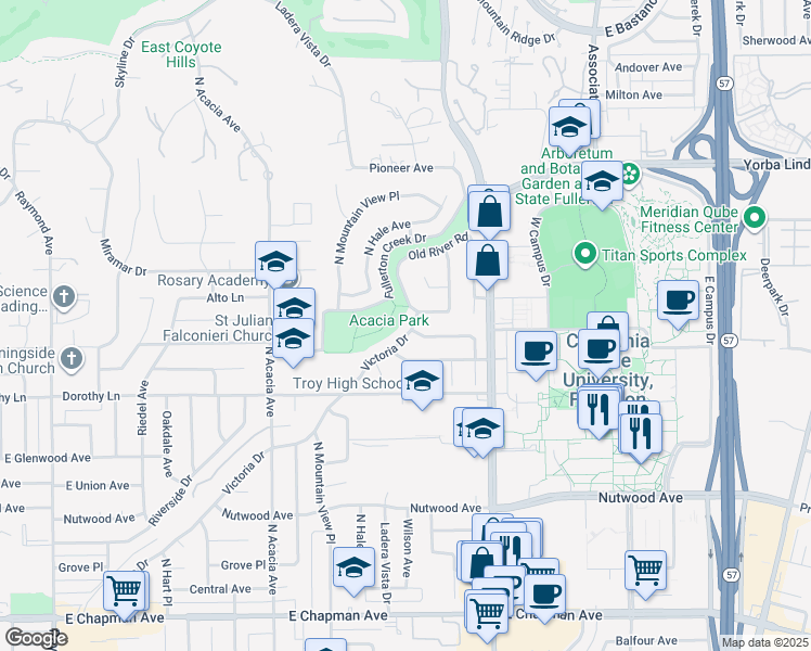map of restaurants, bars, coffee shops, grocery stores, and more near 2225 Victoria Drive in Fullerton
