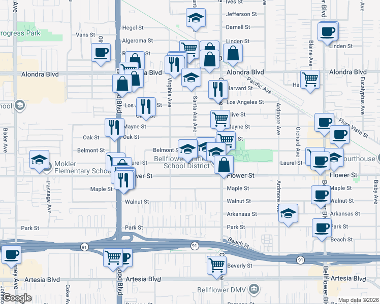 map of restaurants, bars, coffee shops, grocery stores, and more near Belmont Street in Bellflower