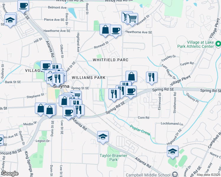 map of restaurants, bars, coffee shops, grocery stores, and more near 1580 Spring Street in Smyrna