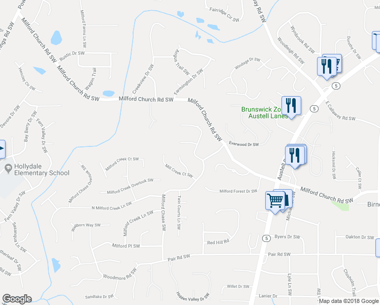 map of restaurants, bars, coffee shops, grocery stores, and more near 3078 Milford Chase Southwest in Marietta