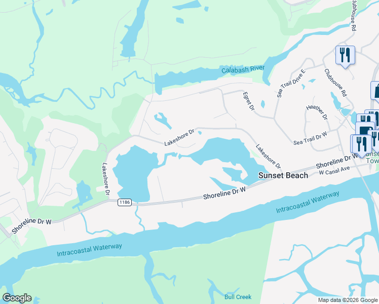 map of restaurants, bars, coffee shops, grocery stores, and more near 201 Twin Lakes Court in Sunset Beach