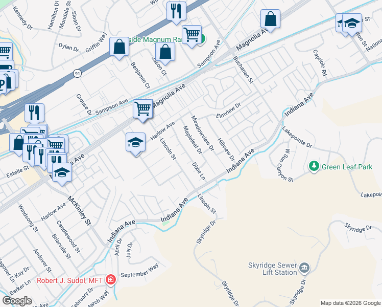 map of restaurants, bars, coffee shops, grocery stores, and more near 12670 Hollyglen Circle in Riverside